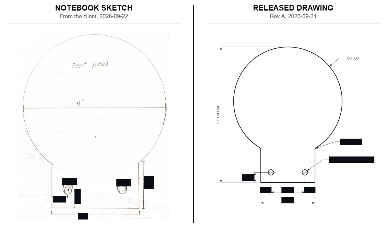 The client's notebook sketch of the steel paddle beside the released drawing, proprietary details redacted